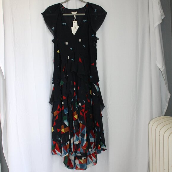 Joie NWT 100% Silk Navy Colorful Layered Cocktail Midi Dress Sheer Ruffles 8 M - Picture 2 of 13